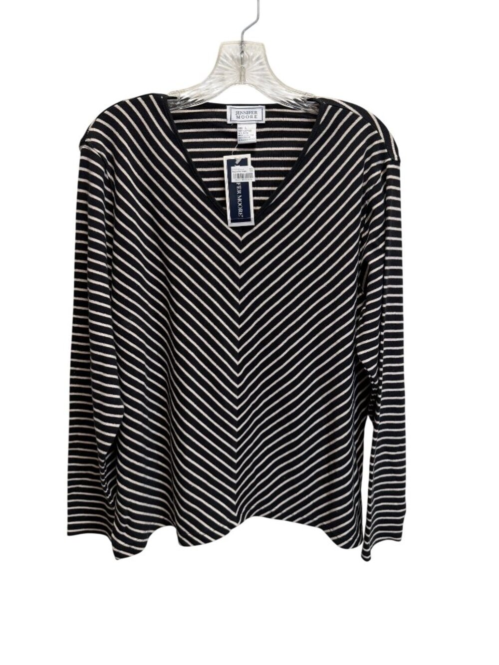 Jennifer Moore Black & White Striped V-Neck Long Sleeve Cotton Sweater Size L